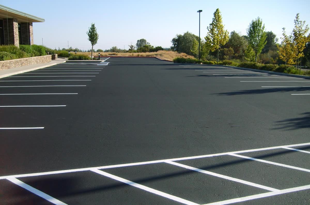 Commercial parking lot with freshly painted white stripes and trees behind